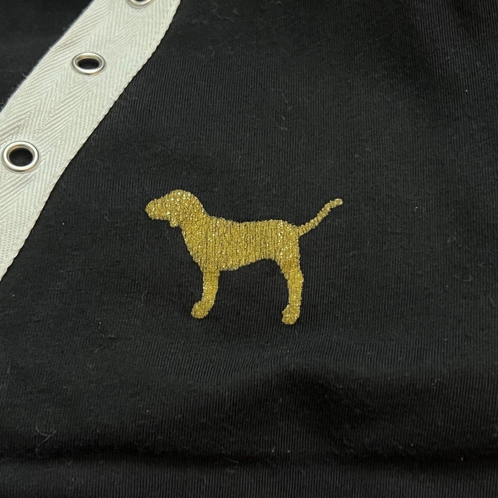 PINK Victoria's Secret Black V-Neck Grommet Graphic Tee Gold Glitter Dog - Picture 3 of 7